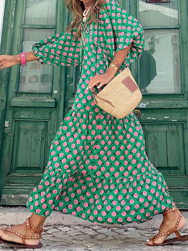 Women's Dress - Casual Dress Swing Dress Long Dress Maxi Dress Wine Blue Dark Green 3/4 Length Sleeve Floral Print Summer Spring Fall V Neck Fashion Vacation Fall Dress Summer Dress Regular Fit 2023 S M L XL