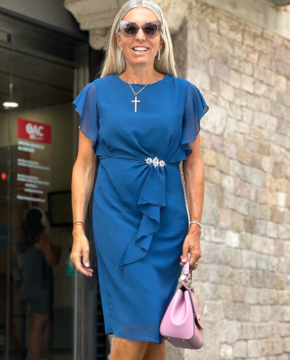 Women's Party Dress Cocktail Dress Midi Chiffon Dress Wine Blue Green Short Sleeve Solid Color Ruffle Crew Neck Evening Party  Vacation Wedding Guest Summer Spring Fall