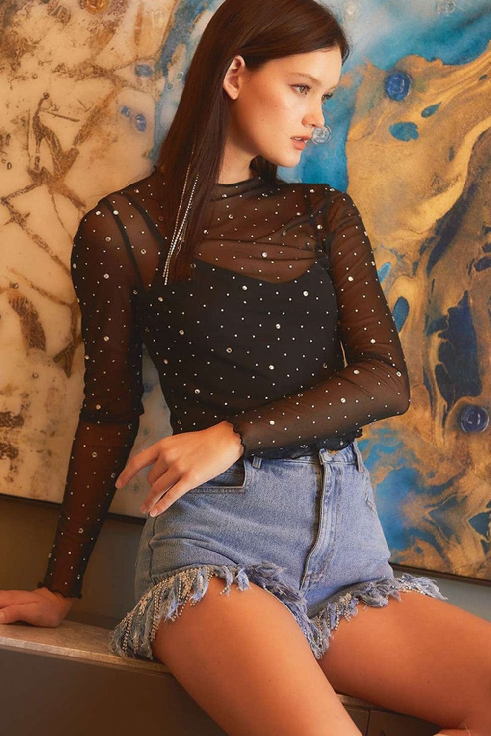 Rhinestone Embellished Black Mesh Party Top