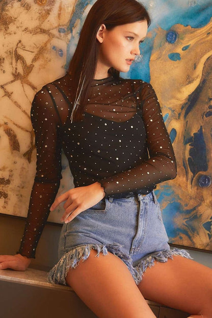 Rhinestone Embellished Black Mesh Party Top