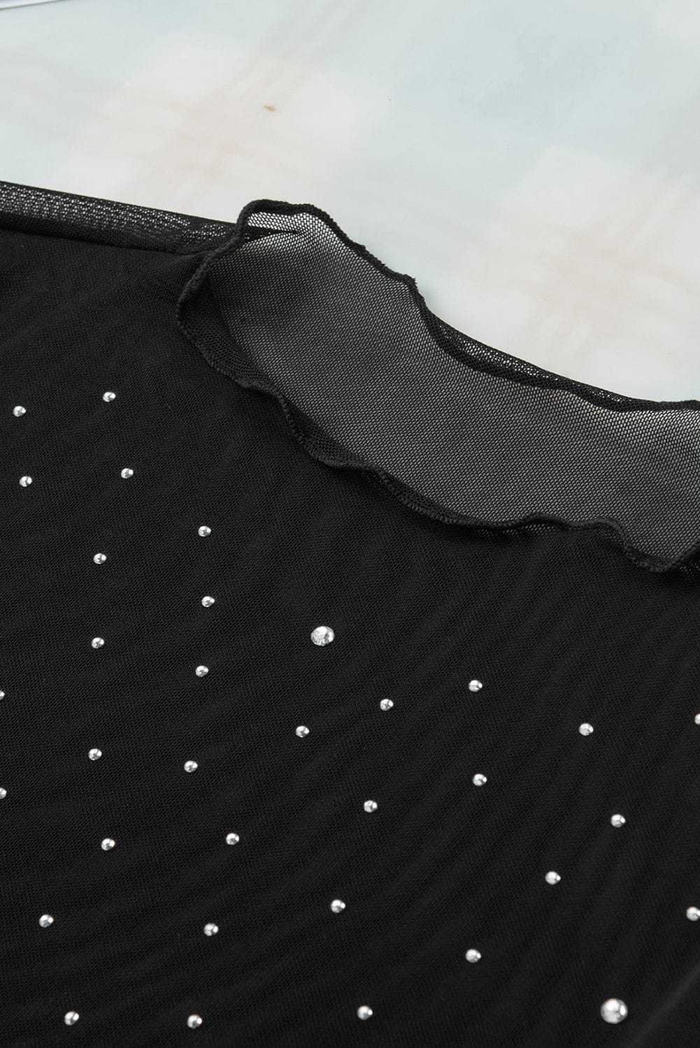 Rhinestone Embellished Black Mesh Party Top