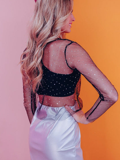 Rhinestone-Embellished Sheer Black Mesh Top