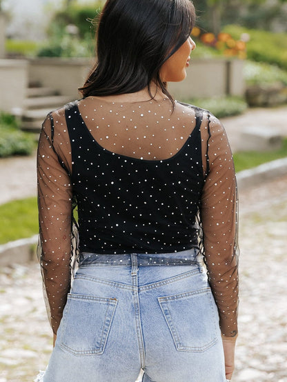 Rhinestone-Embellished Sheer Black Mesh Top