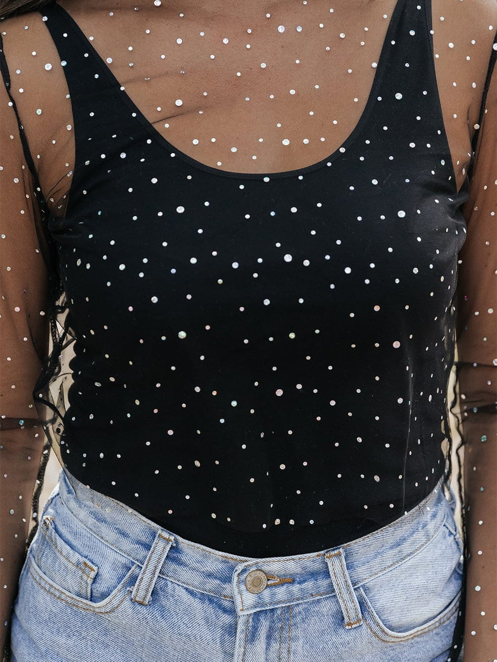 Rhinestone-Embellished Sheer Black Mesh Top