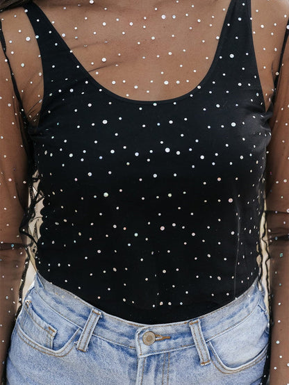 Rhinestone-Embellished Sheer Black Mesh Top