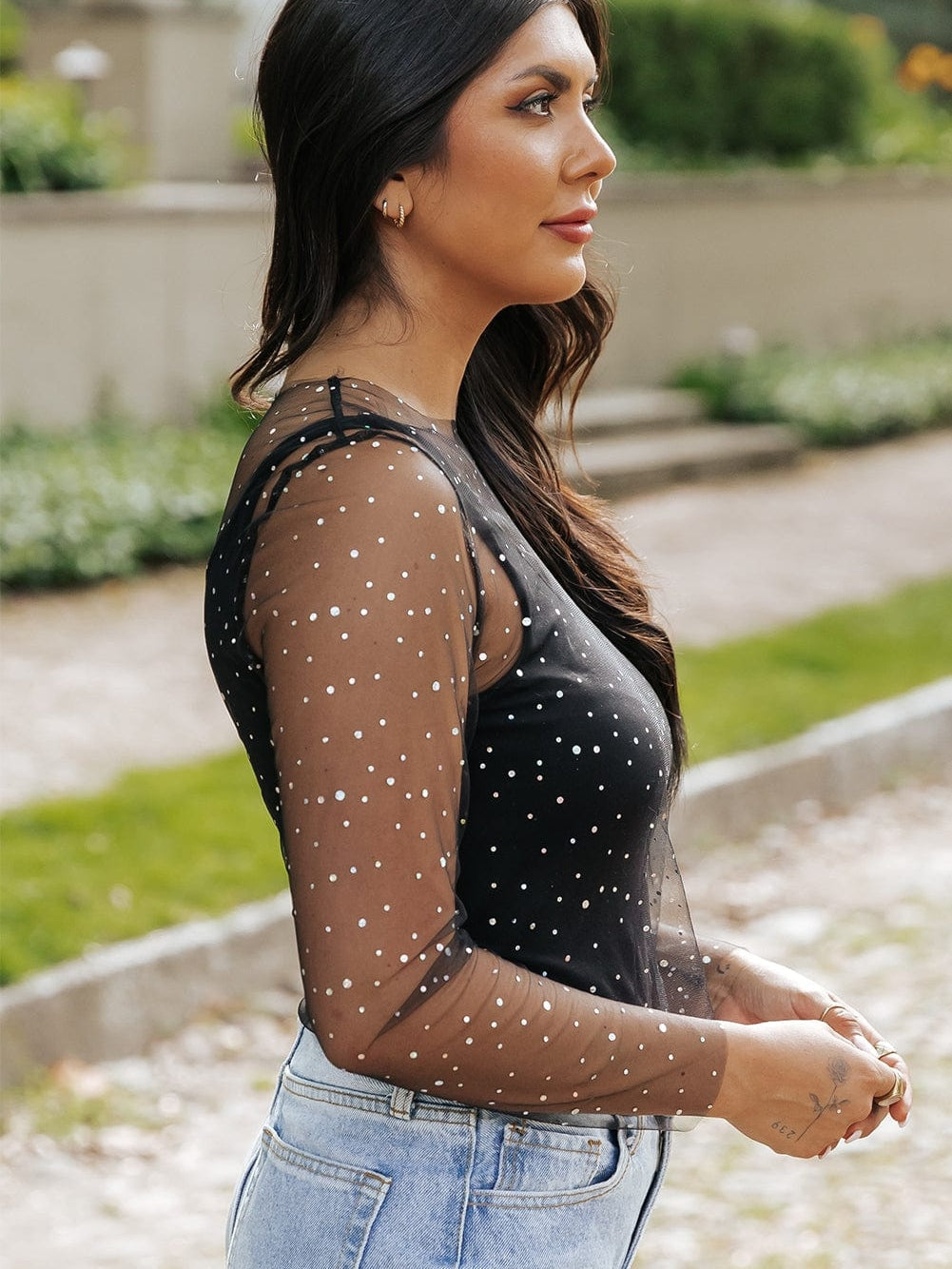Rhinestone-Embellished Sheer Black Mesh Top