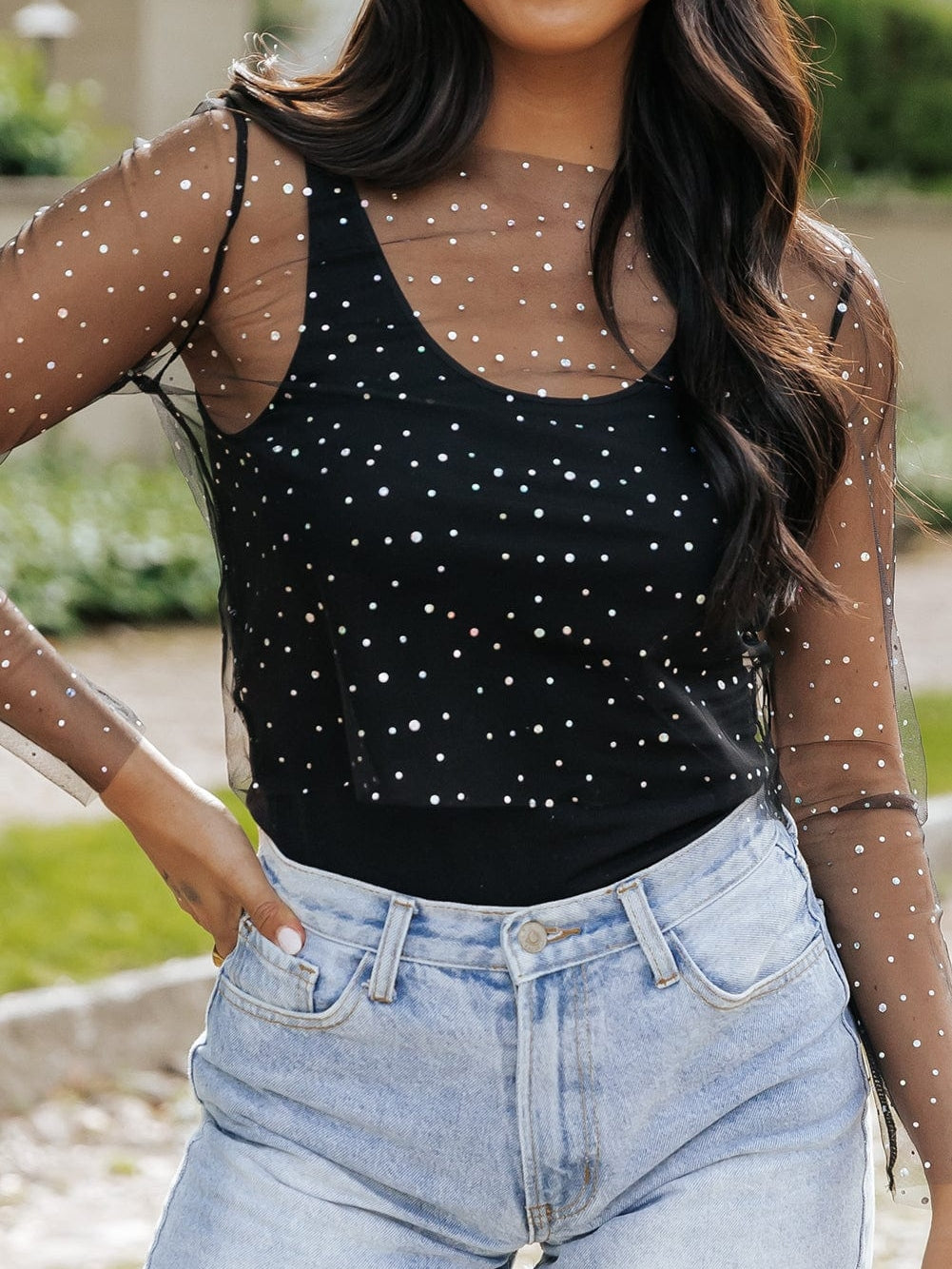 Rhinestone-Embellished Sheer Black Mesh Top