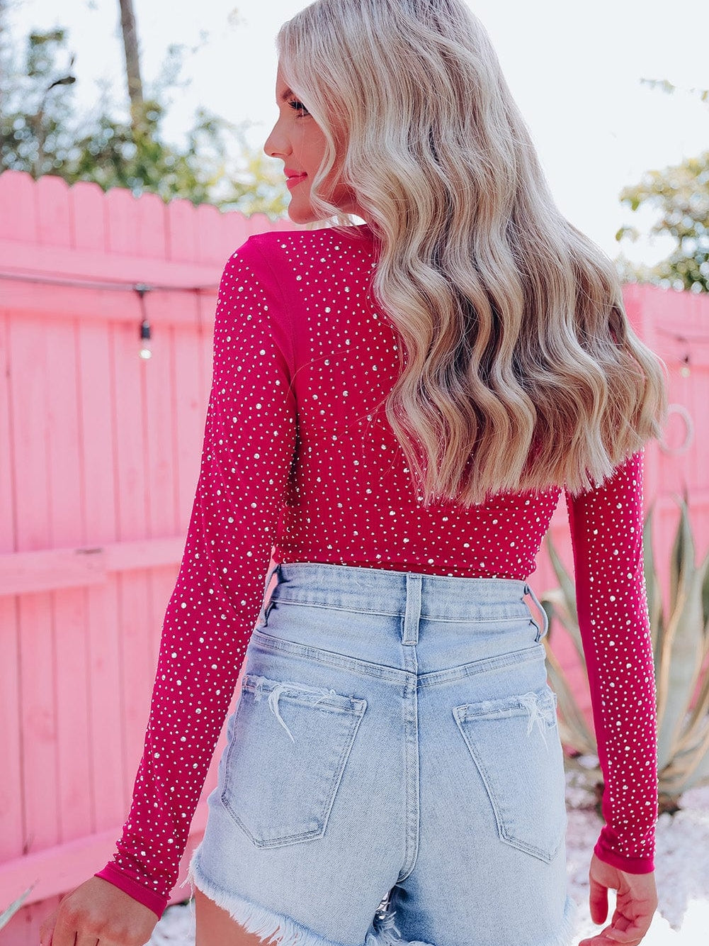 Rhinestone-Embellished Sheer Mesh Bodysuit with Rose Detail