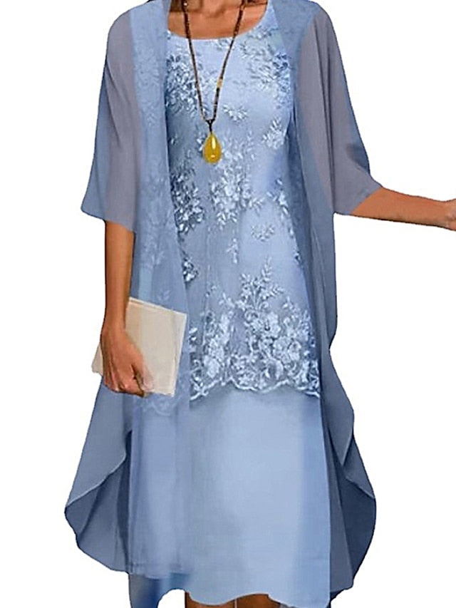 Women's Dress Set Lace Dress Midi Dress Light Blue Green Gray Half Sleeve Floral Embroidered Layered Patchwork Summer Spring Fall Crew Neck Elegant Chinoiserie 2023 M L XL XXL XXXL 4XL 5XL - LuckyFash™