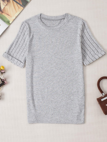 Ribbed Gray Short Sleeve Round Neck T-shirt