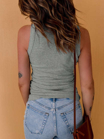 Ribbed Gray Sleeveless Tank Top with a Round Neck
