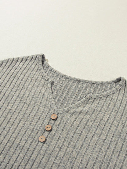 Ribbed Parchment V Neck T-shirt with Button Detail