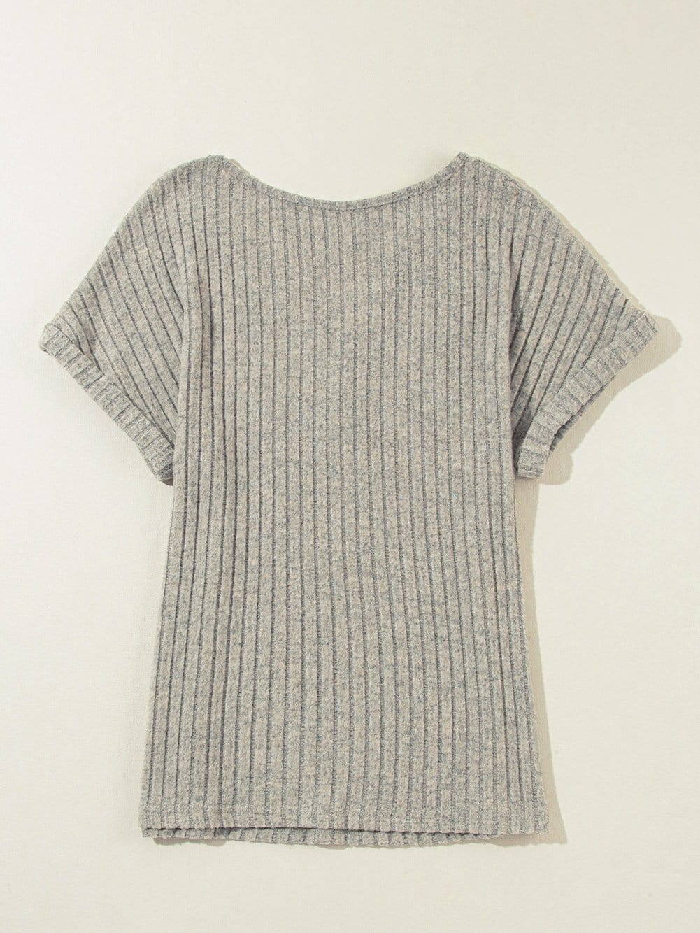 Ribbed Parchment V Neck T-shirt with Button Detail