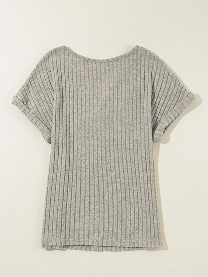 Ribbed Parchment V Neck T-shirt with Button Detail