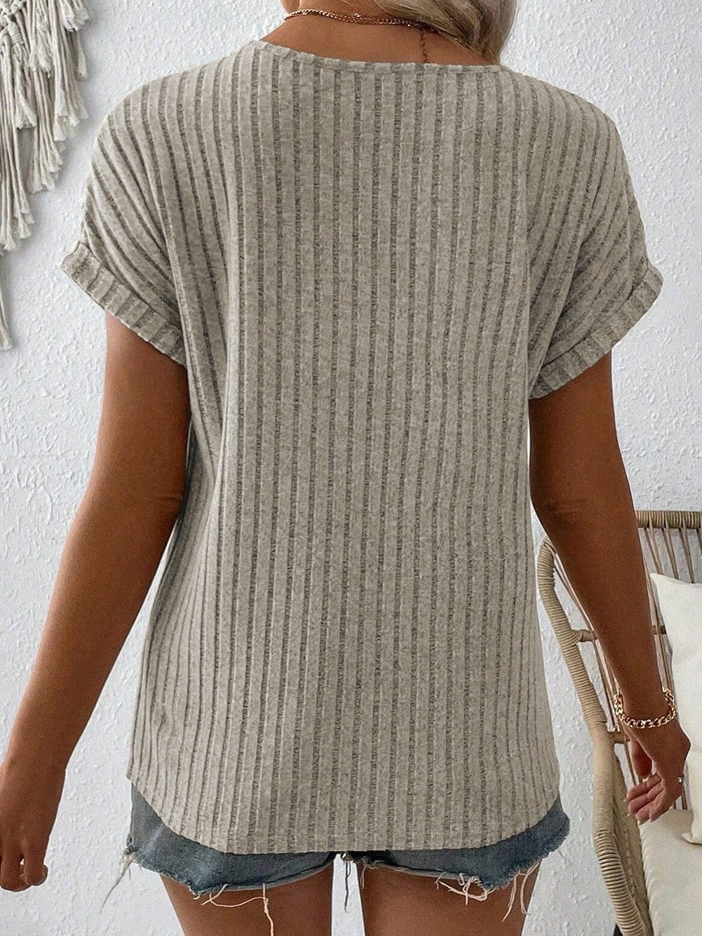 Ribbed Parchment V Neck T-shirt with Button Detail