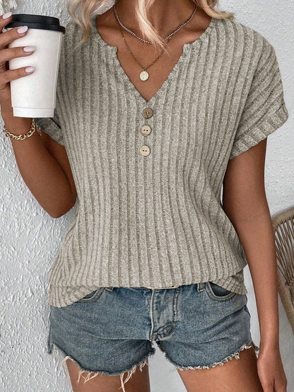 Ribbed Parchment V Neck T-shirt with Button Detail