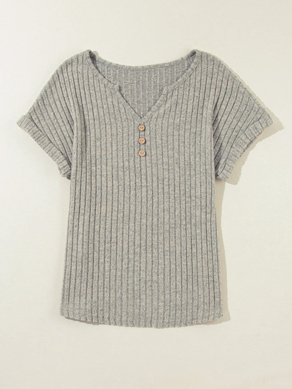 Ribbed Parchment V Neck T-shirt with Button Detail