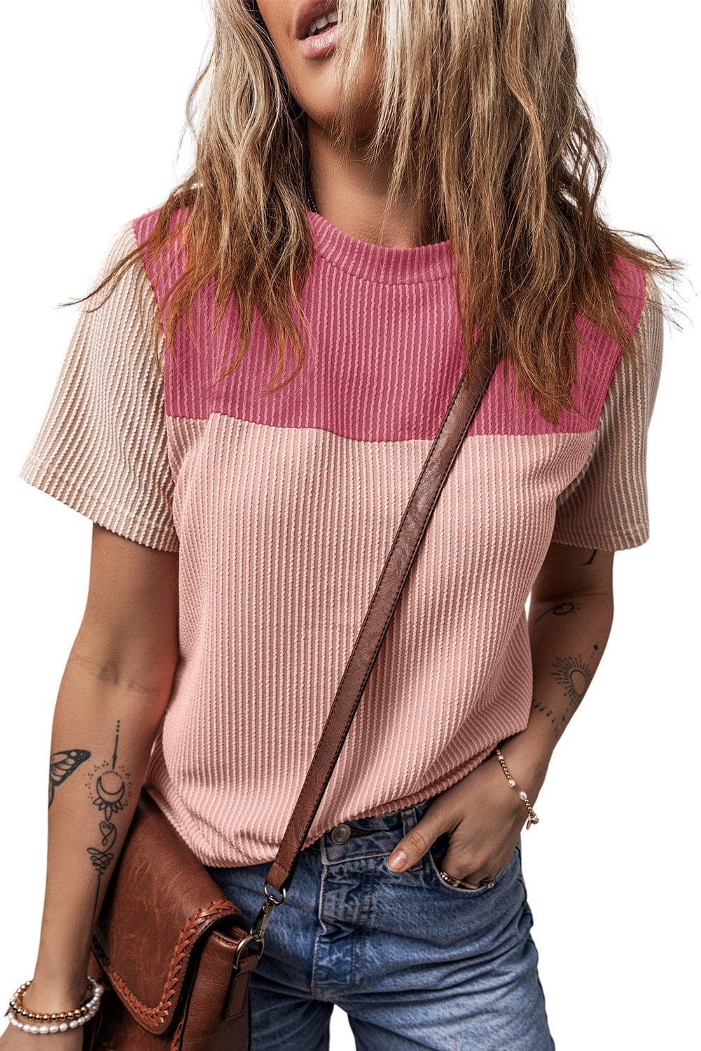 Ribbed Pink Colorblock Summer Tee