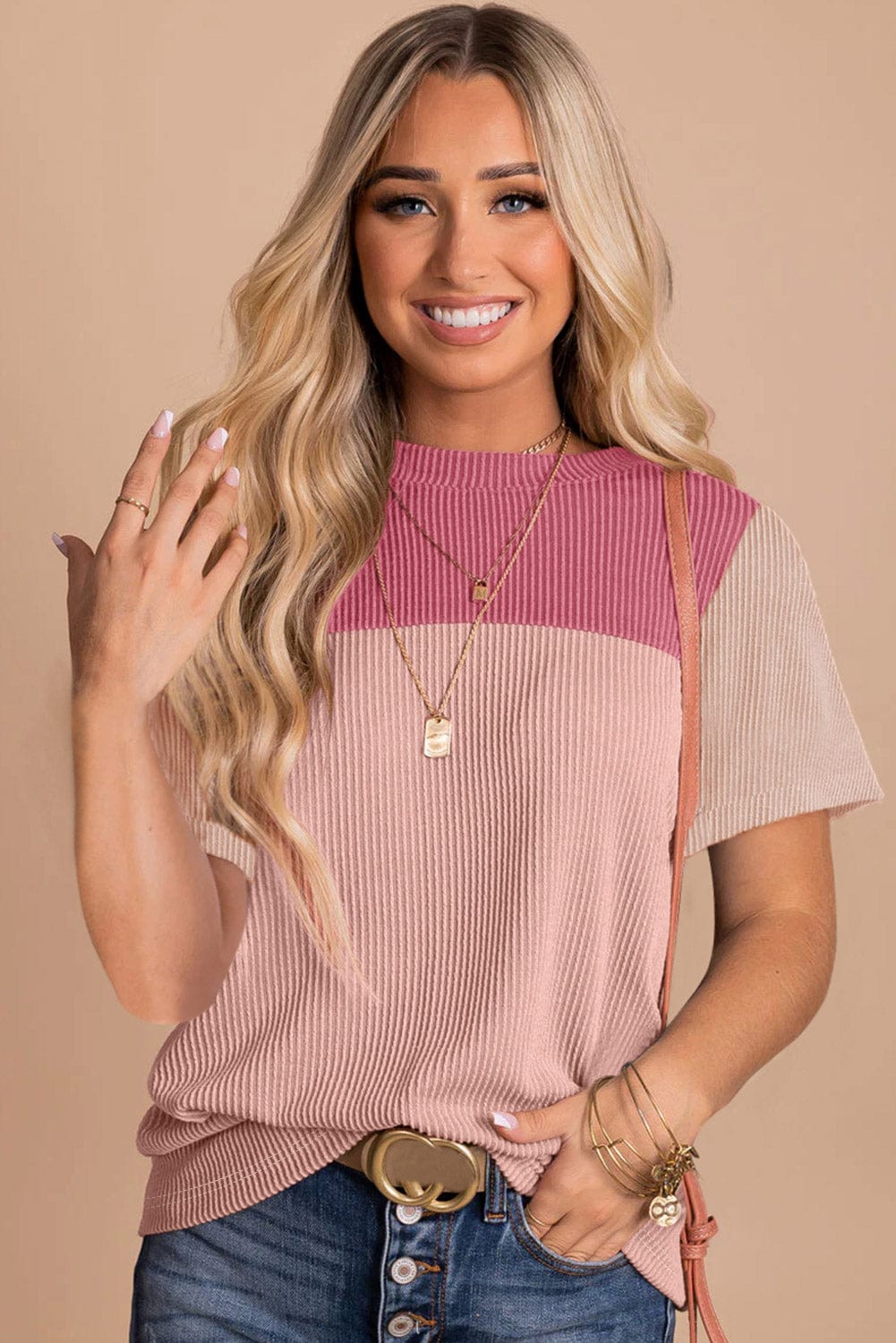 Ribbed Pink Colorblock Summer Tee