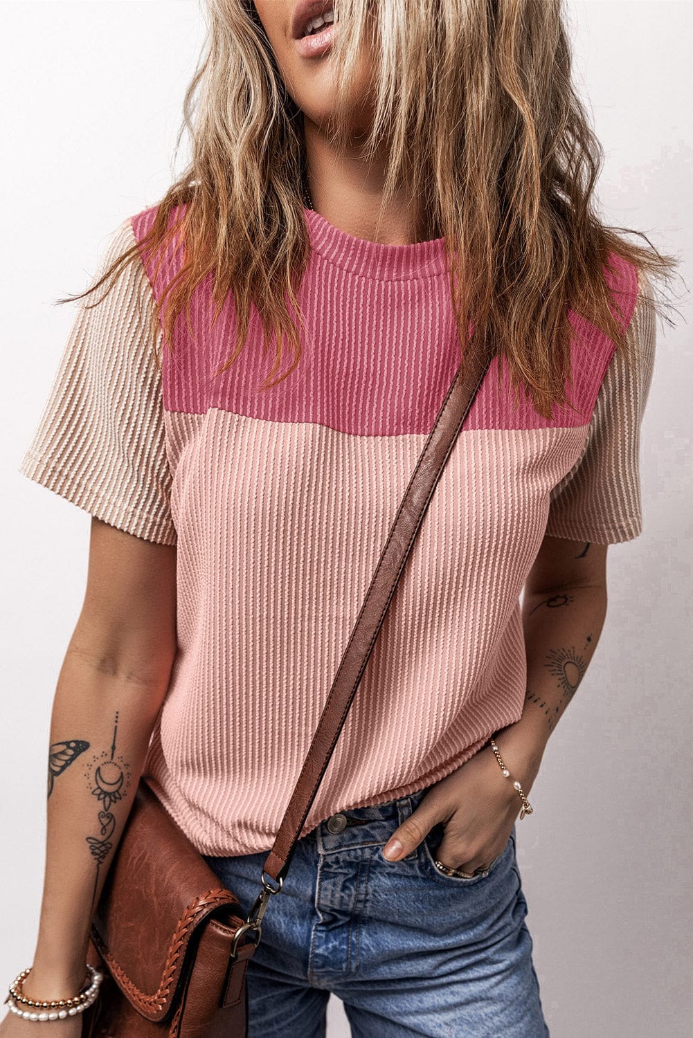 Ribbed Pink Colorblock Summer Tee