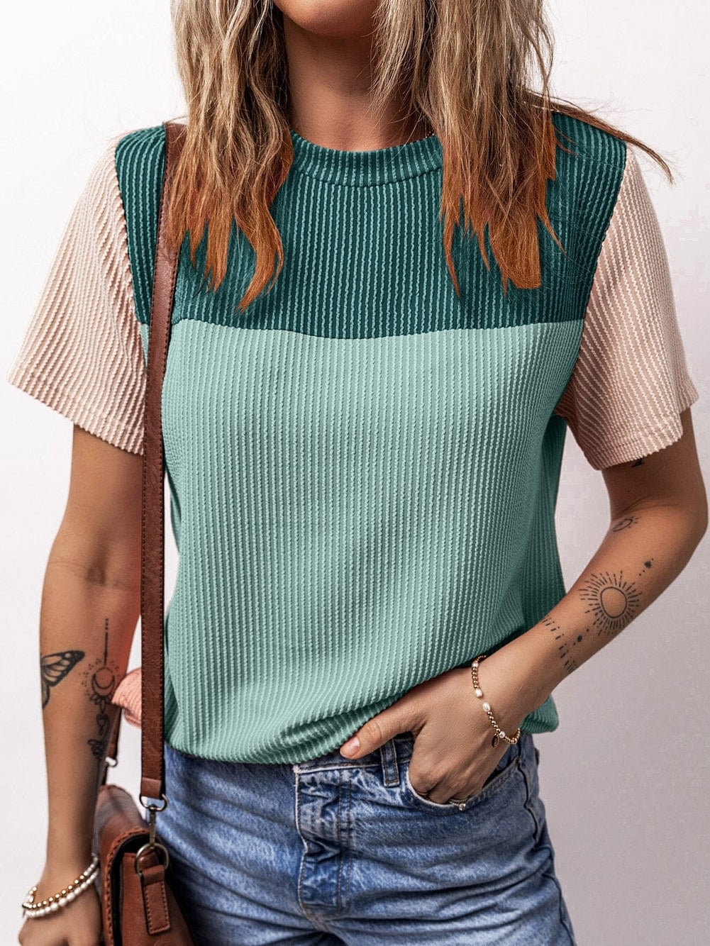 Ribbed Skobeloff Colorblock T-Shirt with Textured Detail