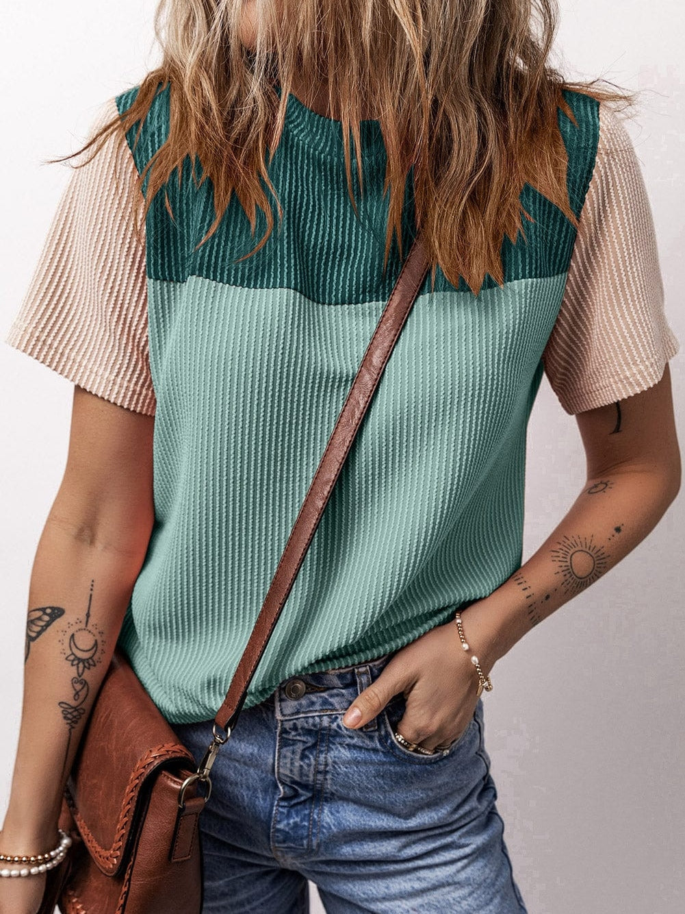 Ribbed Skobeloff Colorblock T-Shirt with Textured Detail