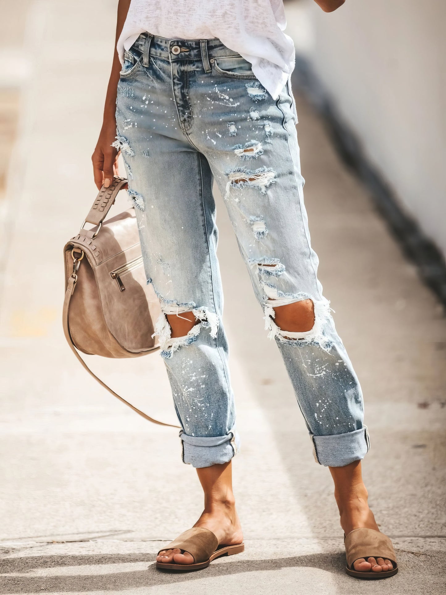 Jeans - Ripped Washed Denim Trousers - MsDressly