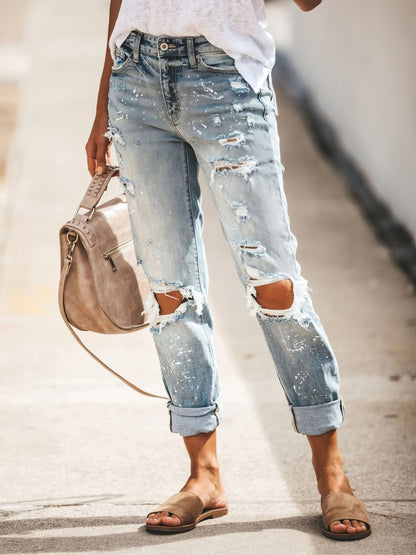 Jeans - Ripped Washed Denim Trousers - MsDressly