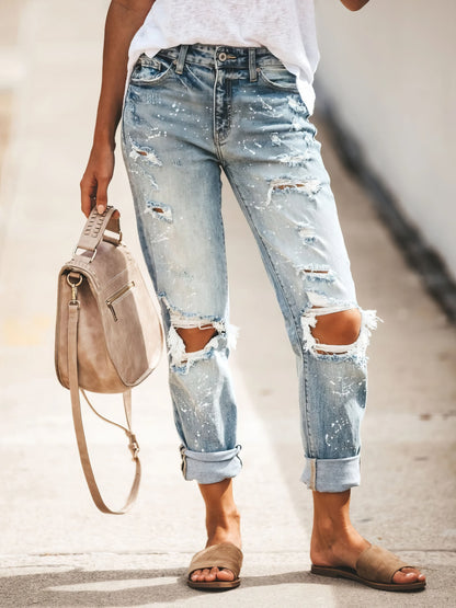 Jeans - Ripped Washed Denim Trousers - MsDressly