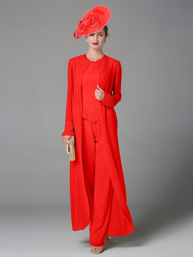 Jumpsuit / Pantsuit 3 Piece Mother of the Bride Dress Formal Plus Size Elegant Wrap Included Bateau Neck Floor Length Chiffon Sleeveless with Beading Appliques 2023 - LuckyFash™