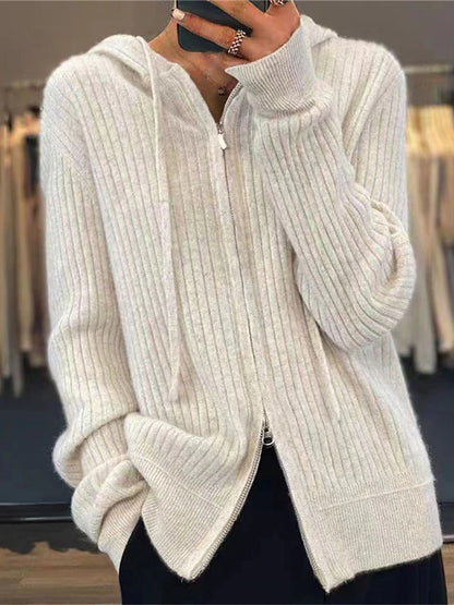 Women's Cardigan Sweater Hooded Ribbed Knit Knit Zipper Fall Winter Regular Outdoor Daily Going out Stylish Casual Soft Long Sleeve Solid Color Black Camel Beige One-Size
