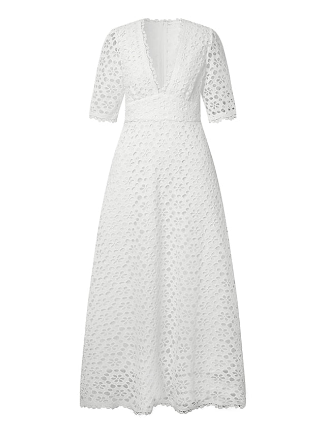 Women's Dress - Lace Dress Cutout Eyelet Pure Color Casual Dress Swing Dress Long Dress Maxi Dress White Half Sleeve Fall Spring V Neck Weekend 2023 S M L XL 2XL 3XL