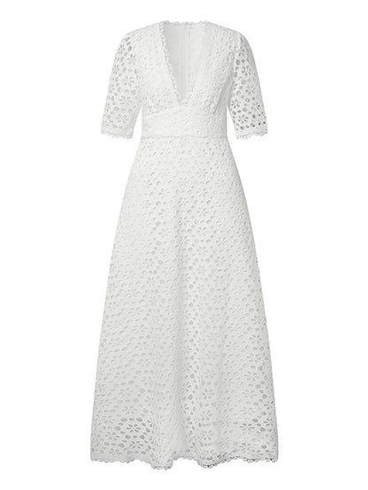 Women's Dress - Lace Dress Cutout Eyelet Pure Color Casual Dress Swing Dress Long Dress Maxi Dress White Half Sleeve Fall Spring V Neck Weekend 2023 S M L XL 2XL 3XL