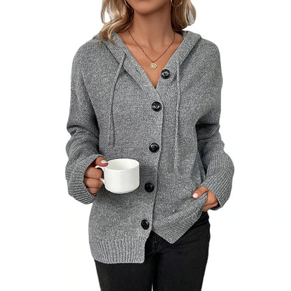 Women's Cardigan Sweater Hooded Crochet Knit Polyester Button Knitted Hooded Fall Winter Tunic Daily Holiday Date Stylish Casual Soft Long Sleeve Solid Color Black White Gray S M L