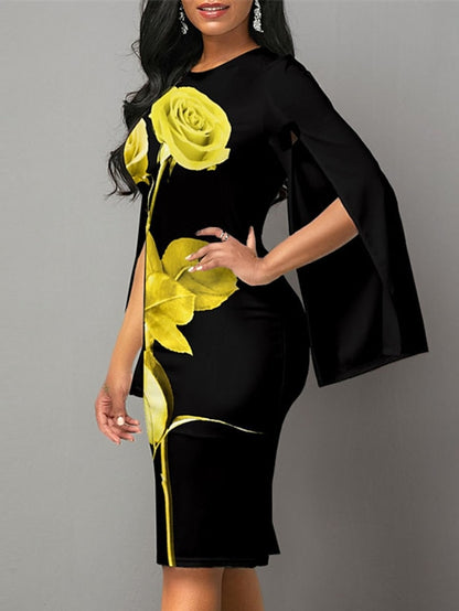 Women's Dress - Bodycon Sheath Dress Church Dress Midi Dress Black White Long Sleeve Floral Split Summer Spring Crew Neck Stylish Winter Dress Fall Dress 2023 S M L XL XXL