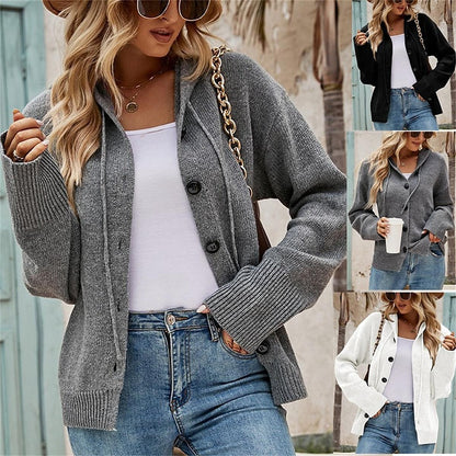 Women's Cardigan Sweater Hooded Ribbed Knit Alpaca Wool Button Fall Winter Regular Outdoor Daily Going out Stylish Casual Soft Long Sleeve Solid Color Black White Gray S M L