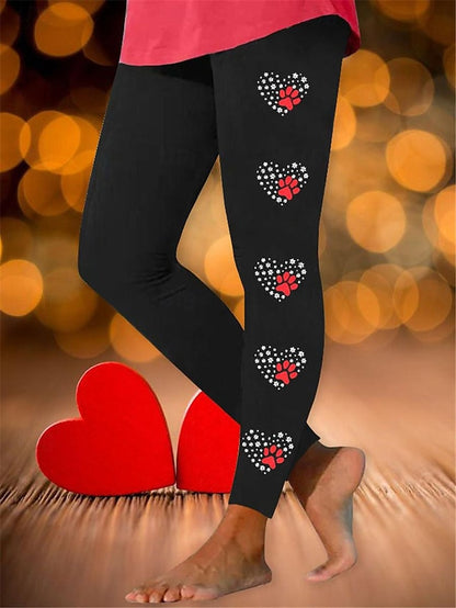 Women's Leggings Polyester Heart Black Pink Active High Waist Long Valentine's Day Festival Spring