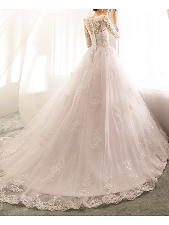 Engagement Formal Wedding Dresses Ball Gown Illusion Neck Long Sleeve Court Train Lace Bridal Gowns With Appliques 2023 Summer Wedding Party, Women's Clothing - LuckyFash™