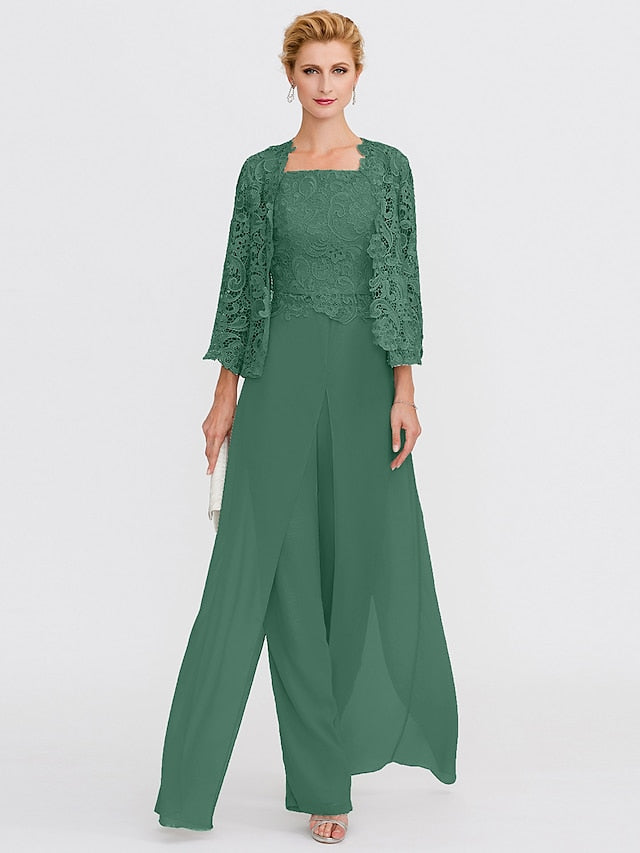 Jumpsuit / Pantsuit Mother of the Bride Dress Formal Plus Size Elegant Square Neck Floor Length Chiffon Corded Lace Sleeveless Wrap Included with Lace Appliques 2023 - LuckyFash™