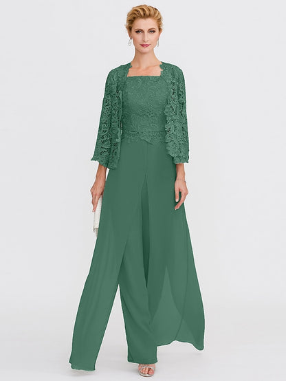 Jumpsuit / Pantsuit Mother of the Bride Dress Formal Plus Size Elegant Square Neck Floor Length Chiffon Corded Lace Sleeveless Wrap Included with Lace Appliques 2023 - LuckyFash™