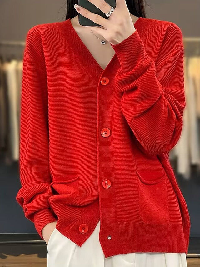 Women's Cardigan Sweater Jacket V Neck Ribbed Knit Acrylic Button Knitted Fall Winter Regular Outdoor Valentine's Day Daily Fashion Streetwear Casual Long Sleeve Solid Color Black Pink Red S M L