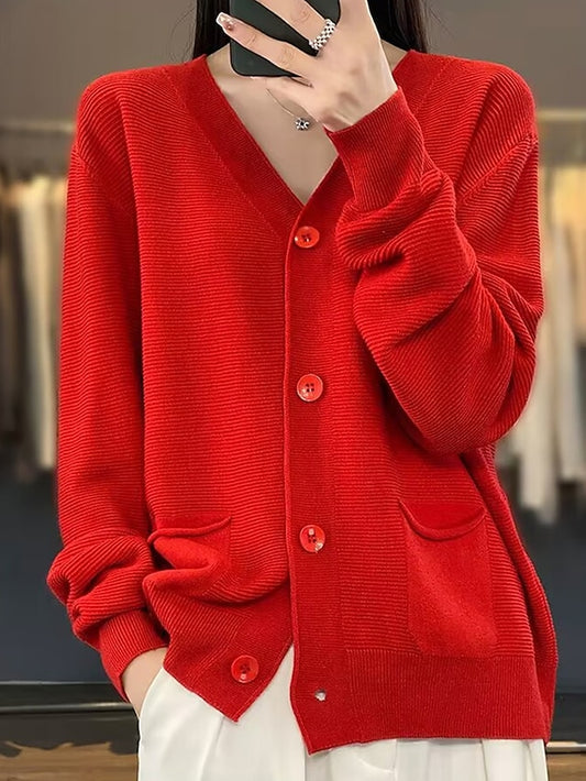 Women's Cardigan Sweater Jacket V Neck Ribbed Knit Acrylic Button Knitted Fall Winter Regular Outdoor Valentine's Day Daily Fashion Streetwear Casual Long Sleeve Solid Color Black Pink Red S M L
