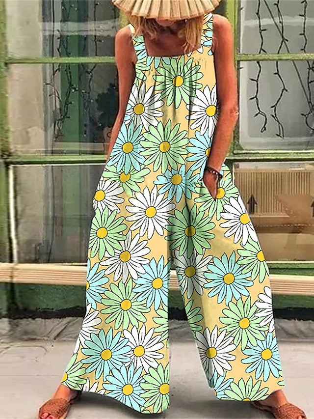 Jumpsuits for Women Summer Overall Pocket Print Floral Square Neck Casual Daily Holiday Regular Fit Sleeveless Black Yellow Blue S M L - LuckyFash™