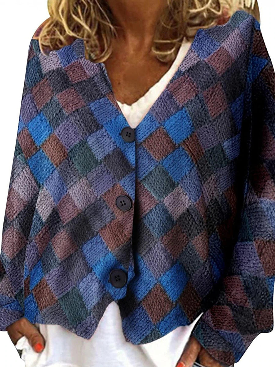 Women's Casual Jacket Street Daily Wear Vacation Fall Winter Regular Coat V Neck Loose Fit Windproof Breathable Stylish Sporty Chic & Modern Jacket Long Sleeve Stripes and Plaid Print Red Blue Green