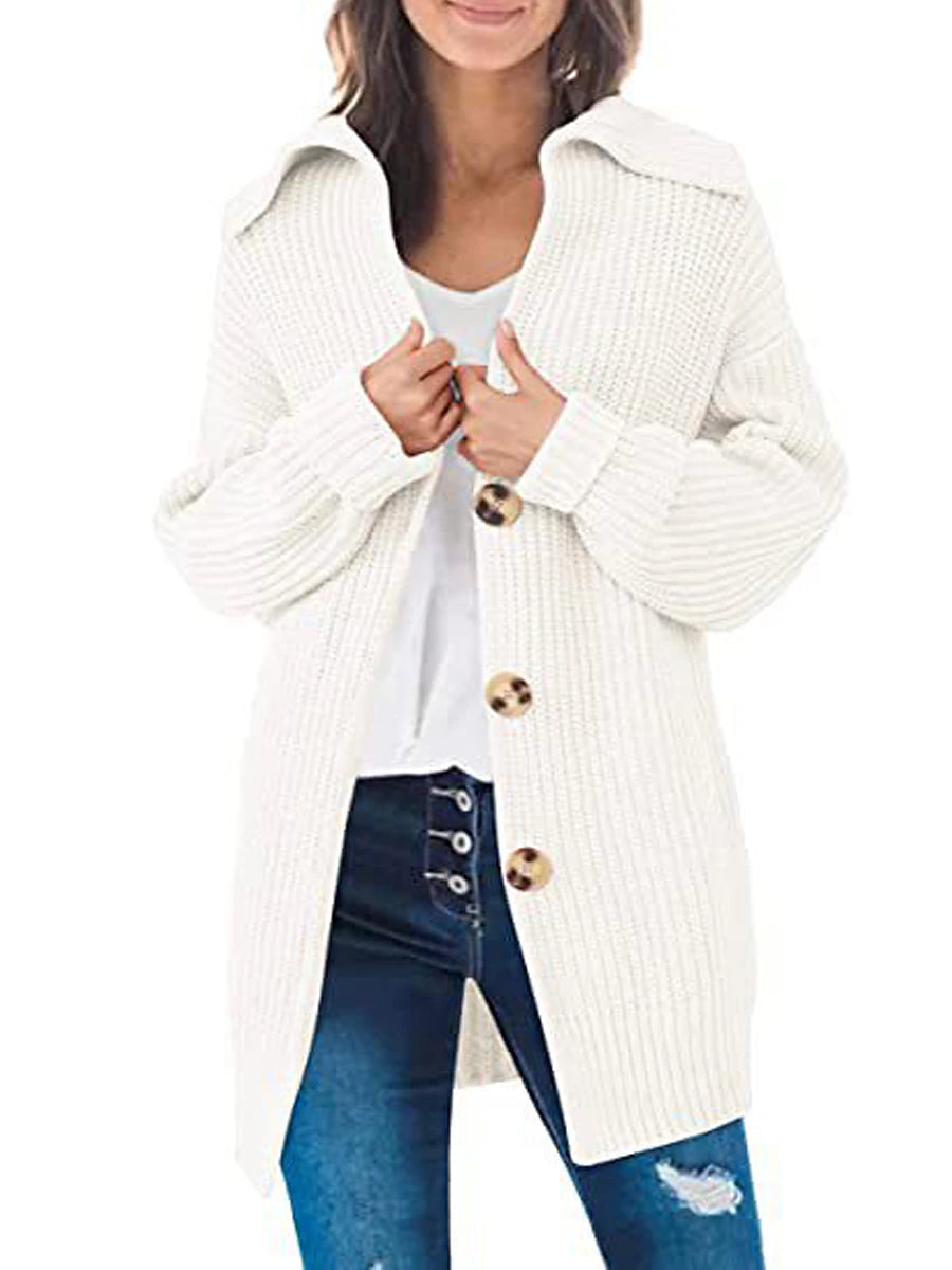 Women's Cardigan Sweater Shirt Collar Ribbed Knit Acrylic Patchwork Button Fall Winter Long Daily Going out Weekend Stylish Casual Soft Long Sleeve Solid Color Black White Yellow S M L