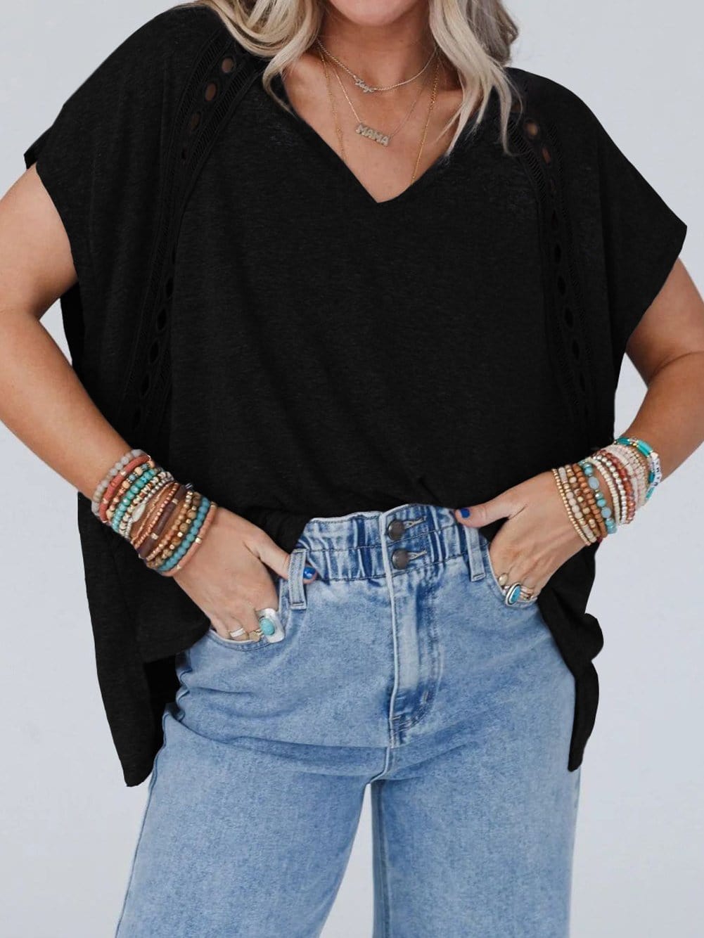 Romantic Black Crochet Lace Bat Sleeve Tee