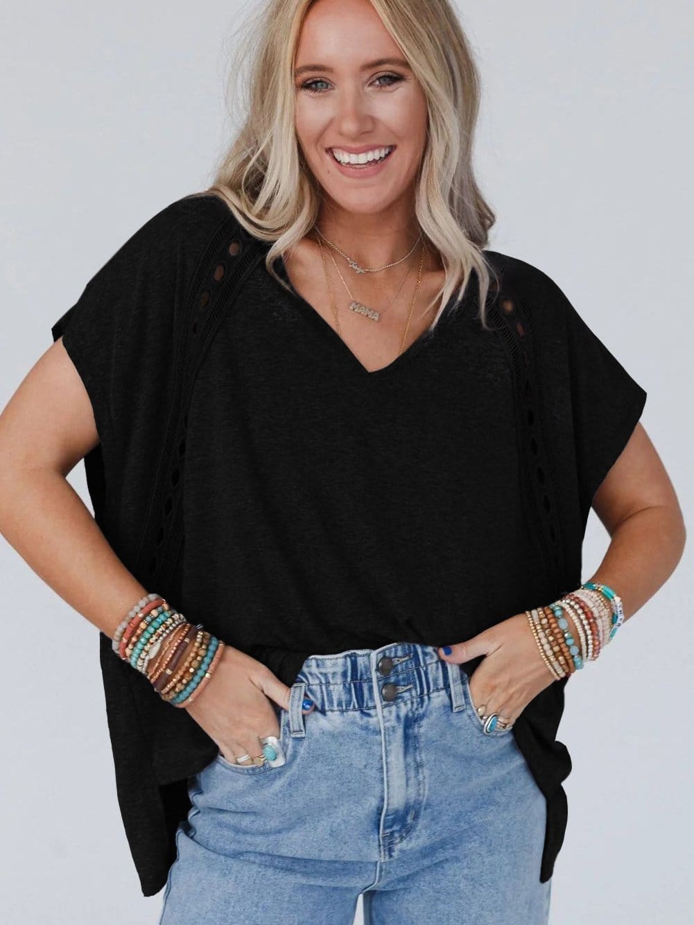 Romantic Black Crochet Lace Bat Sleeve Tee