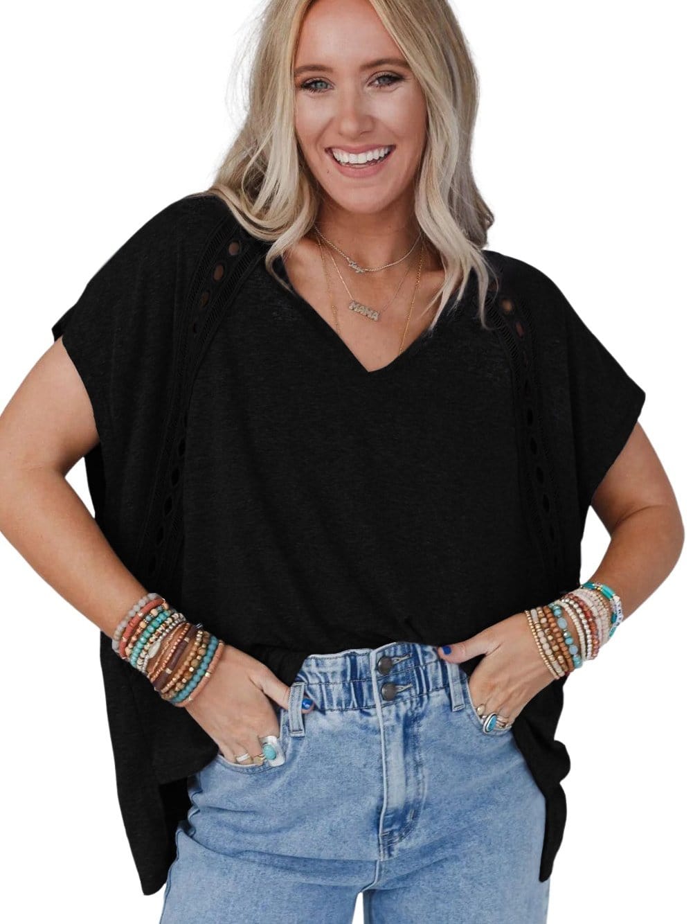 Romantic Black Crochet Lace Bat Sleeve Tee