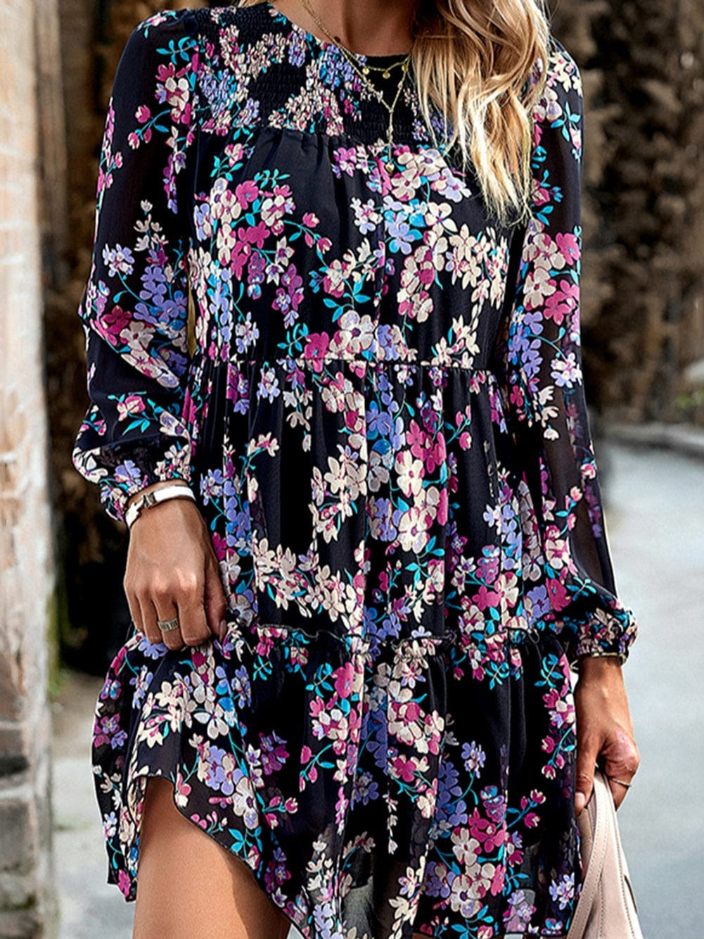 Romantic Black Smocked Floral Ruffle Dress