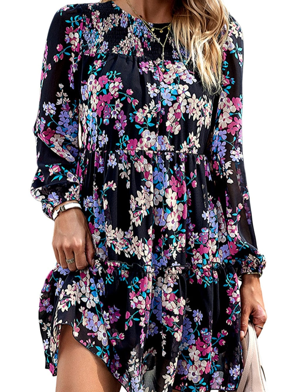 Romantic Black Smocked Floral Ruffle Dress